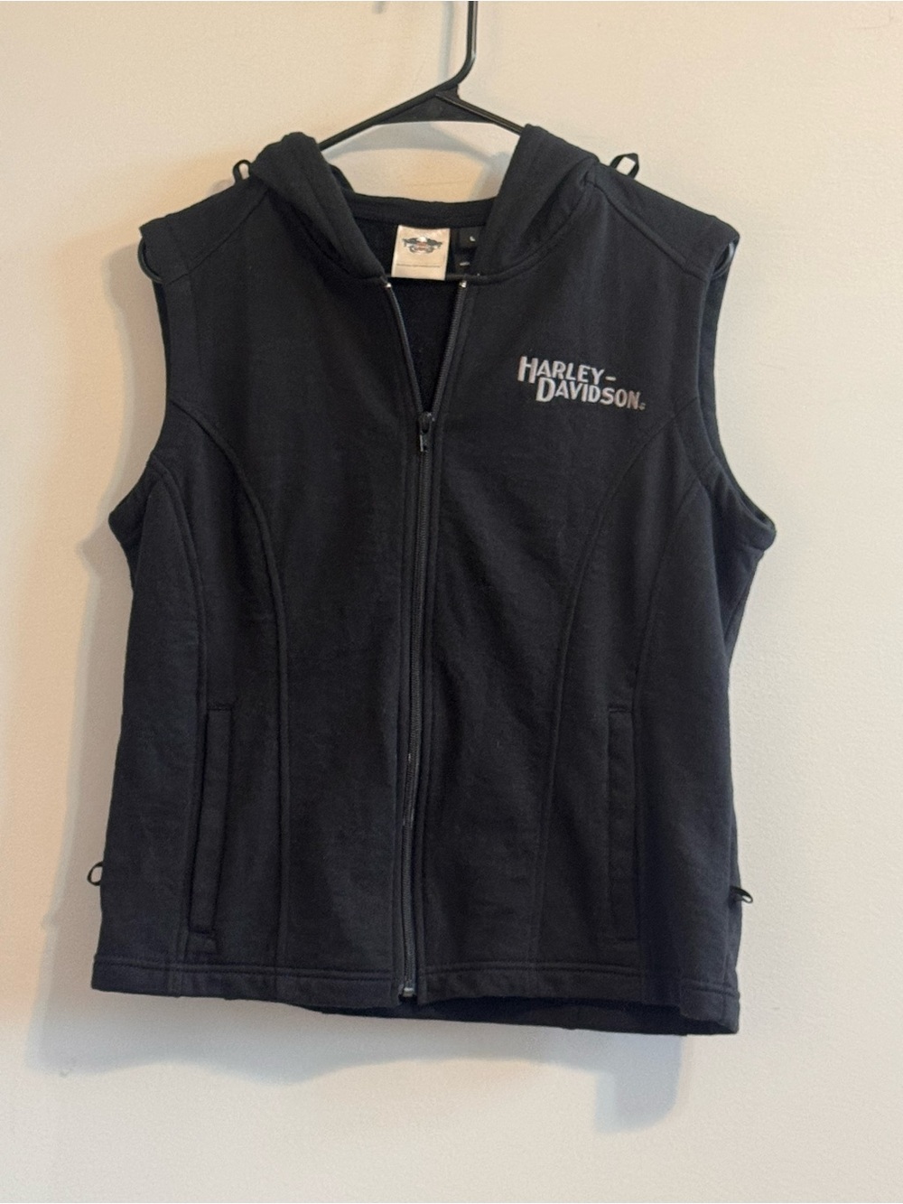 Harley-Davidson Women's Large Black Hooded‎ Zip Liner Vest Embroidered